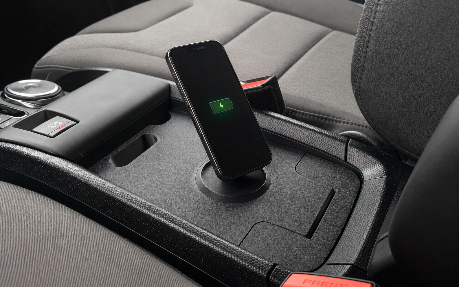 Custom 3D-printed car console with an integrated MagSafe phone mount by Akidos Studio