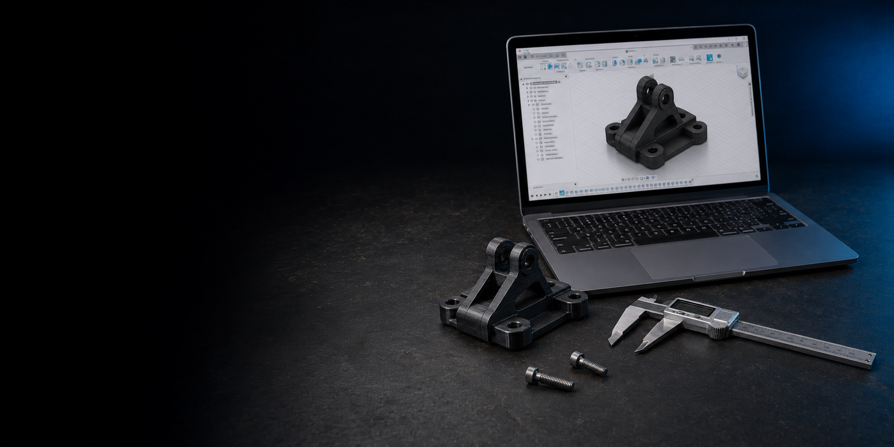 Black 3D printed bracket beside its matching CAD model, a complete digital caliper, and two bolts